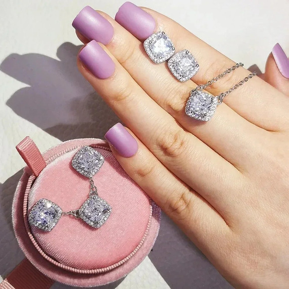 925 Sterling Silver Cushion Cut Diamond Ring & Earring Set